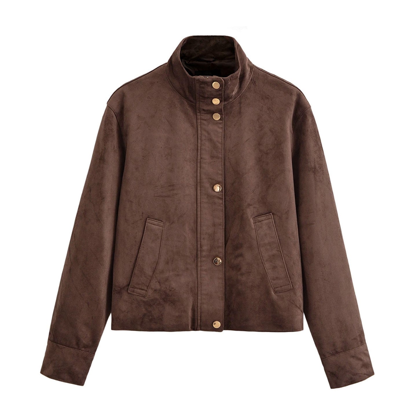 Xunger Women's Cropped Faux Suede Jacket Casual High Neck Utility Button Front Coat Streetwear Outerwear with Pockets(1090-Brown-M-RD)