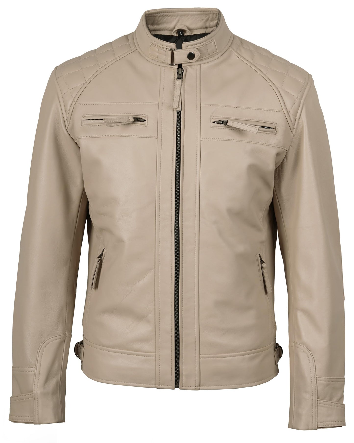 fjackets Real Lambskin Leather Jackets For Mens — Moto Quilted Cafe Racer Zip Up Moto Leather Jacket Men | [1124214] Johnson Beige, L
