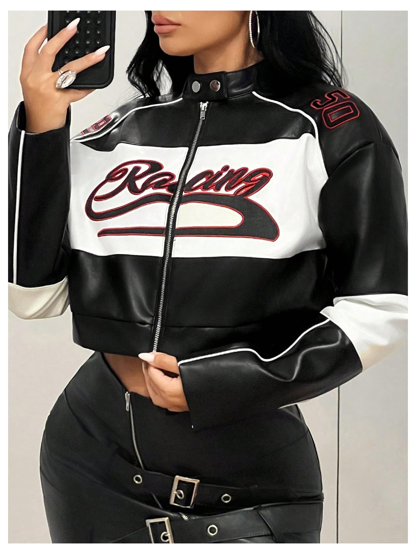 SOLY HUX Women's Faux Leather Zip Up Crop Jackets Graphic Long Sleeve Shirts Motorcycle Outerwear Black and White Medium