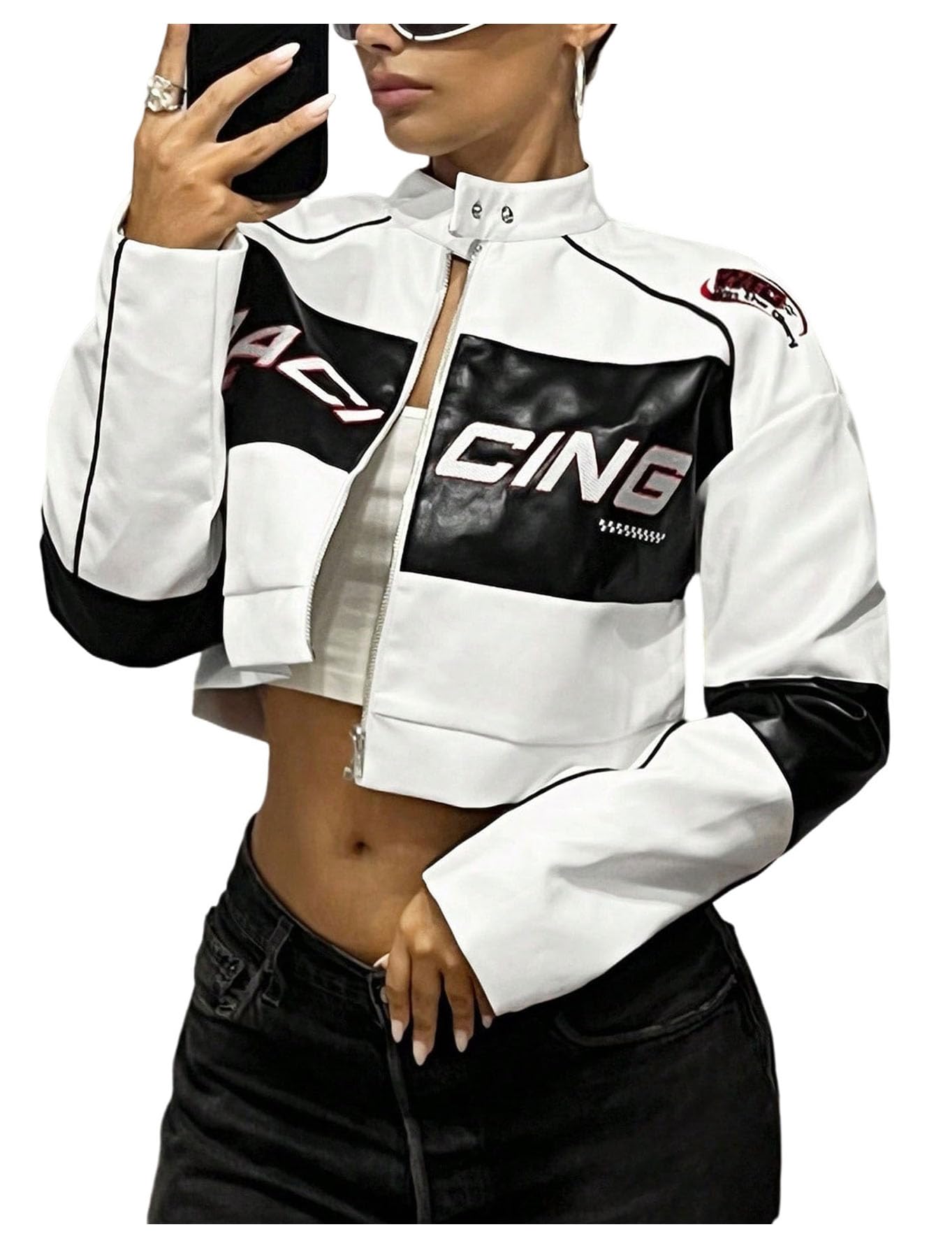 SOLY HUX Women's Faux Leather Zip Up Crop Jackets Graphic Long Sleeve Shirts Motorcycle Outerwear White Black Graphic Medium