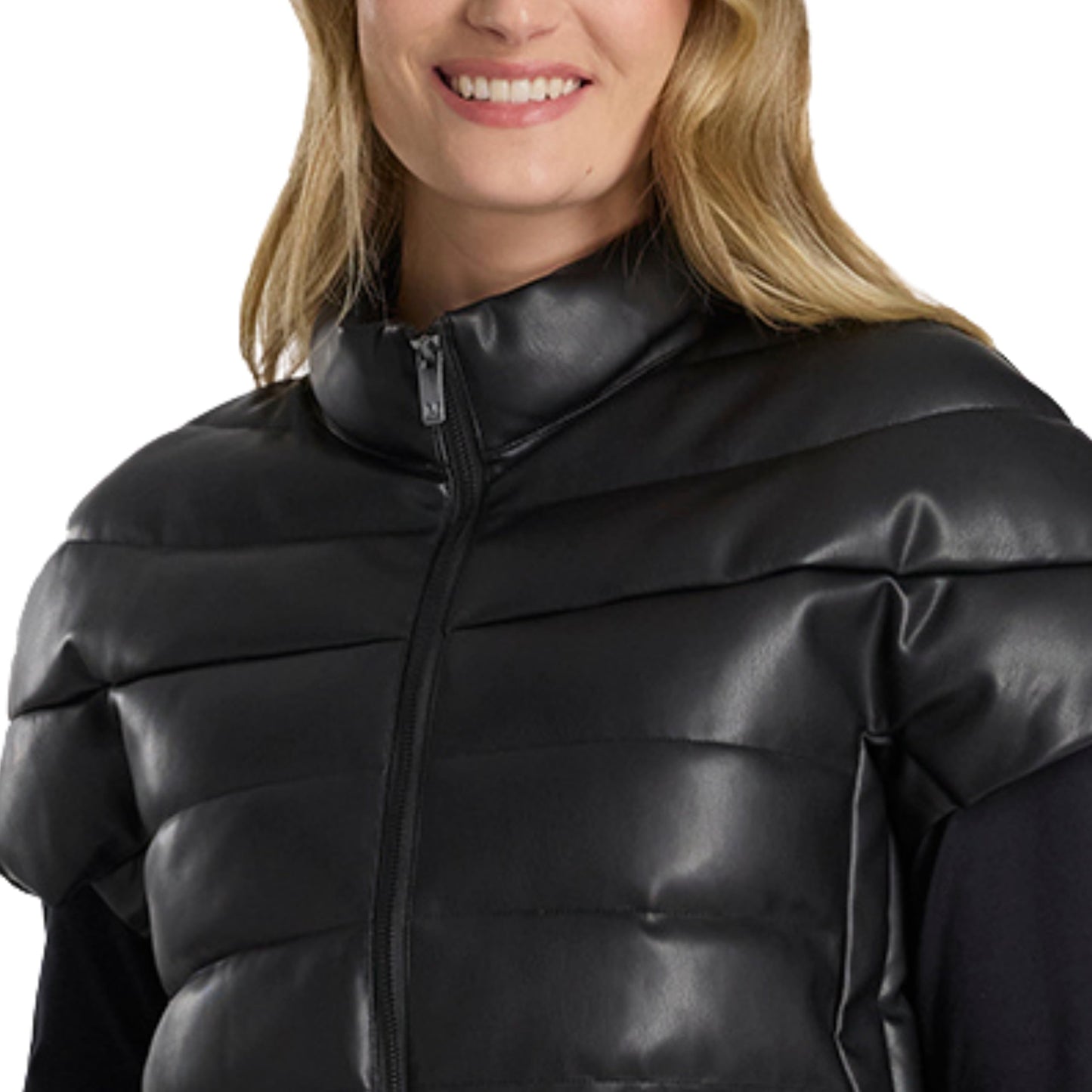Martha Stewart Women's PU Quilted Puffer Vest, Lightweight Down Outerwear, Sleeveless Faux Leather Zip Up, Black, L