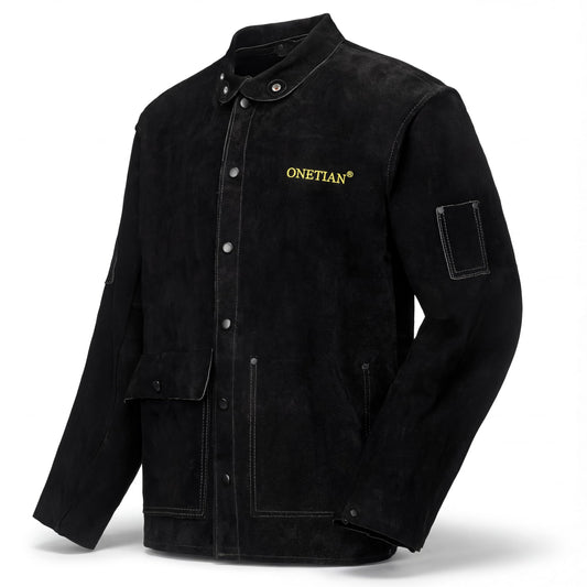 ONETIAN Black Leather Welding Jacket,Flame Heat Resistant (L)