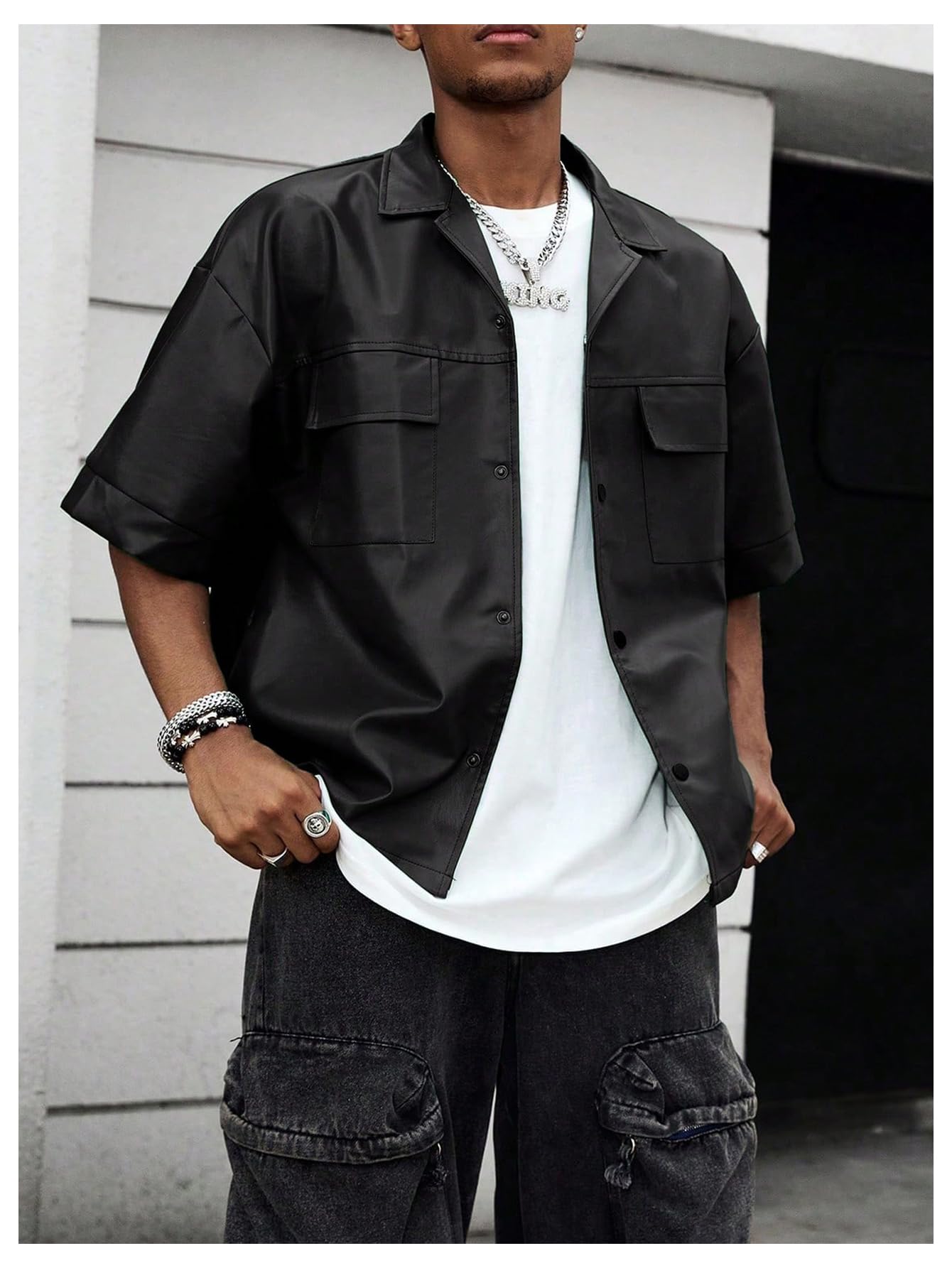 BEAUDRM Men's PU Leather Outerwear Gothic Button Down Half Sleeve Collared Motorcycle Jacket Streetwear Black Large