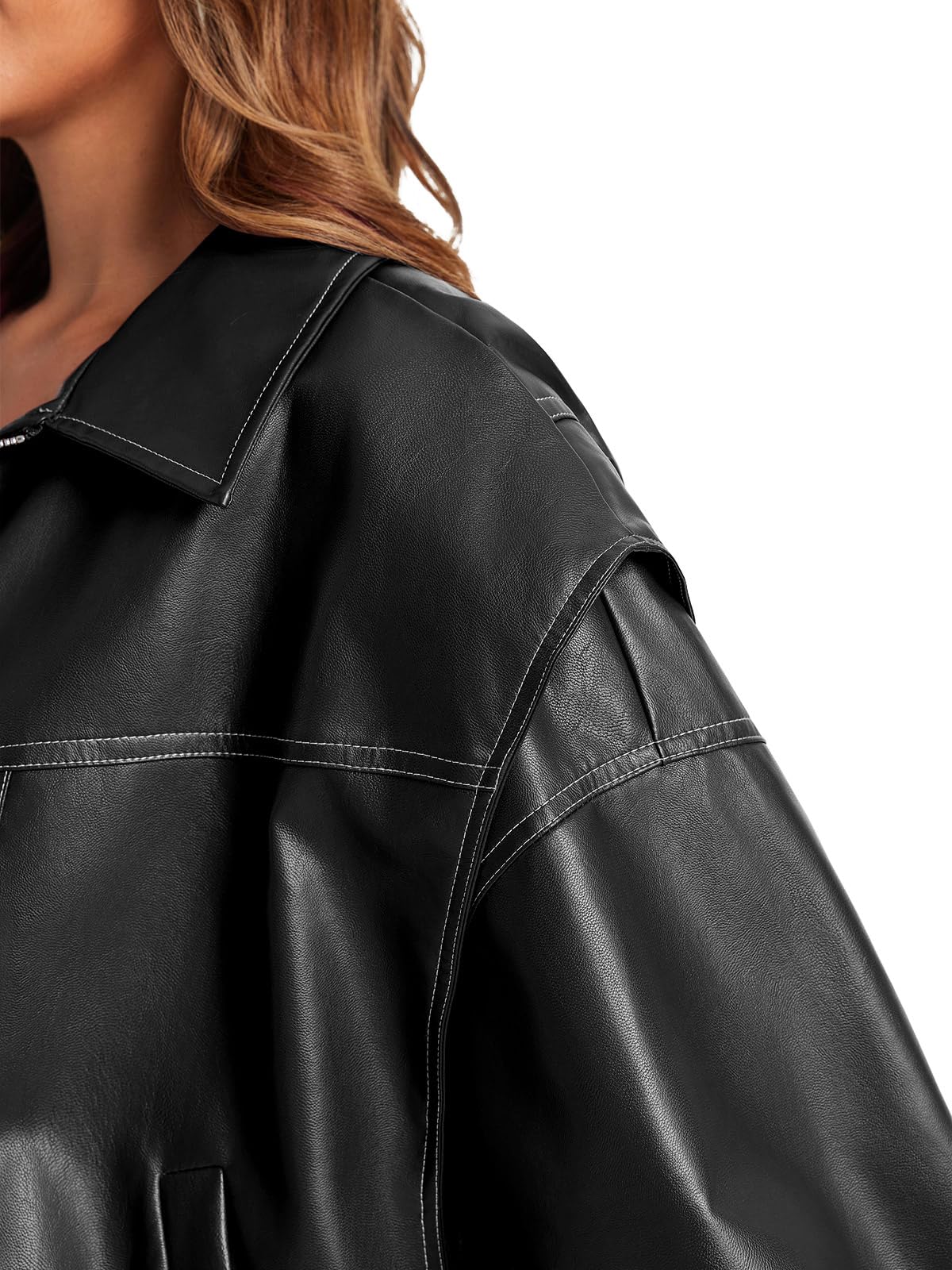 Tankaneo Womens Oversized Leather Bomber Jackets Cap Sleeve Zip Up Motorcycle Coats with Pockets