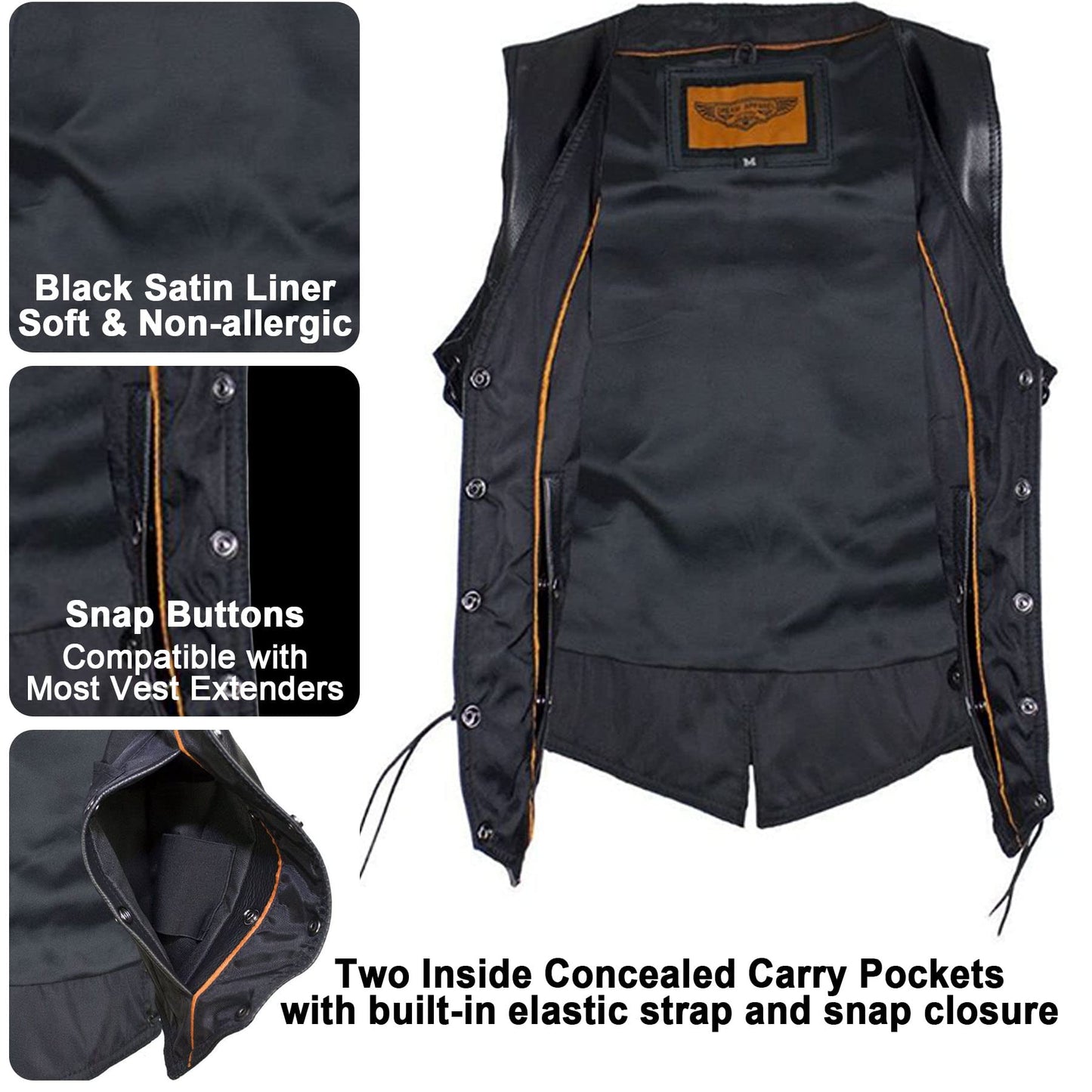 Dream Apparel Womens Black Leather Motorcycle Vest for Riding W/Concealed Carry Pockets, Biker Vest Club Vest W/Side Laces