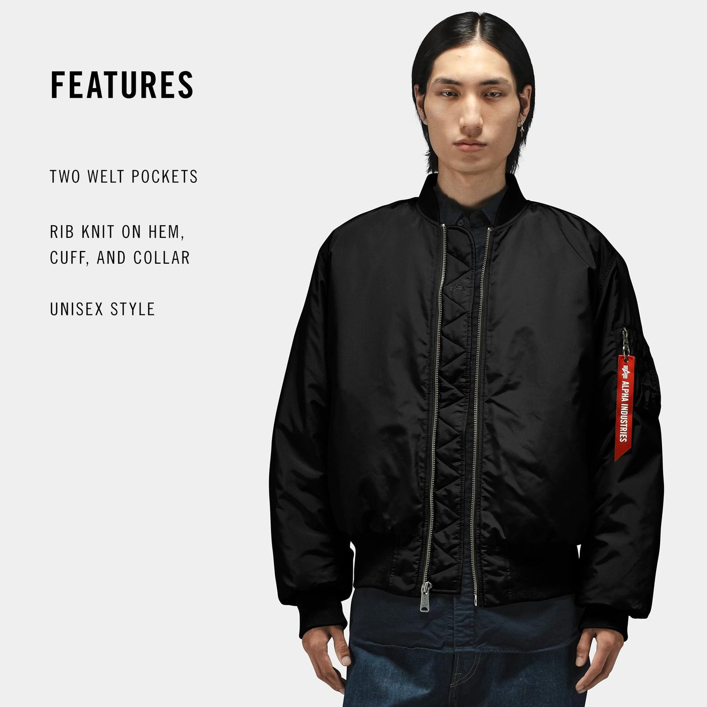 Alpha Industries MA-1 Oxford Flight Jacket for Men Lightweight Oxford Nylon Bomber Jacket with Utility Sleeve Pocket Ribbed Knit Cuffs Hem Collar Relaxed Fit Zipper Closure Army Air Force, Black, S