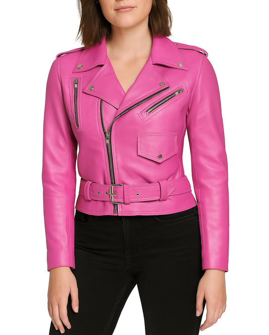 LP-FACON Womens Hot Pink Real Leather Jacket Motorcycle Brando Biker Genuine Leather Jacket