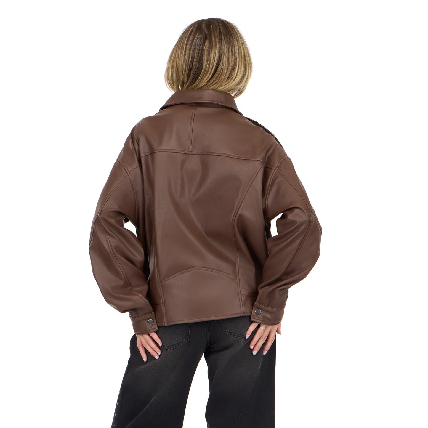Forever 21 Women’s Oversized PU Jacket with Belted Waist, Faux Leather Outerwear, Relaxed Fit Coat for Casual Street Style and Everyday Wear, Brown, Medium