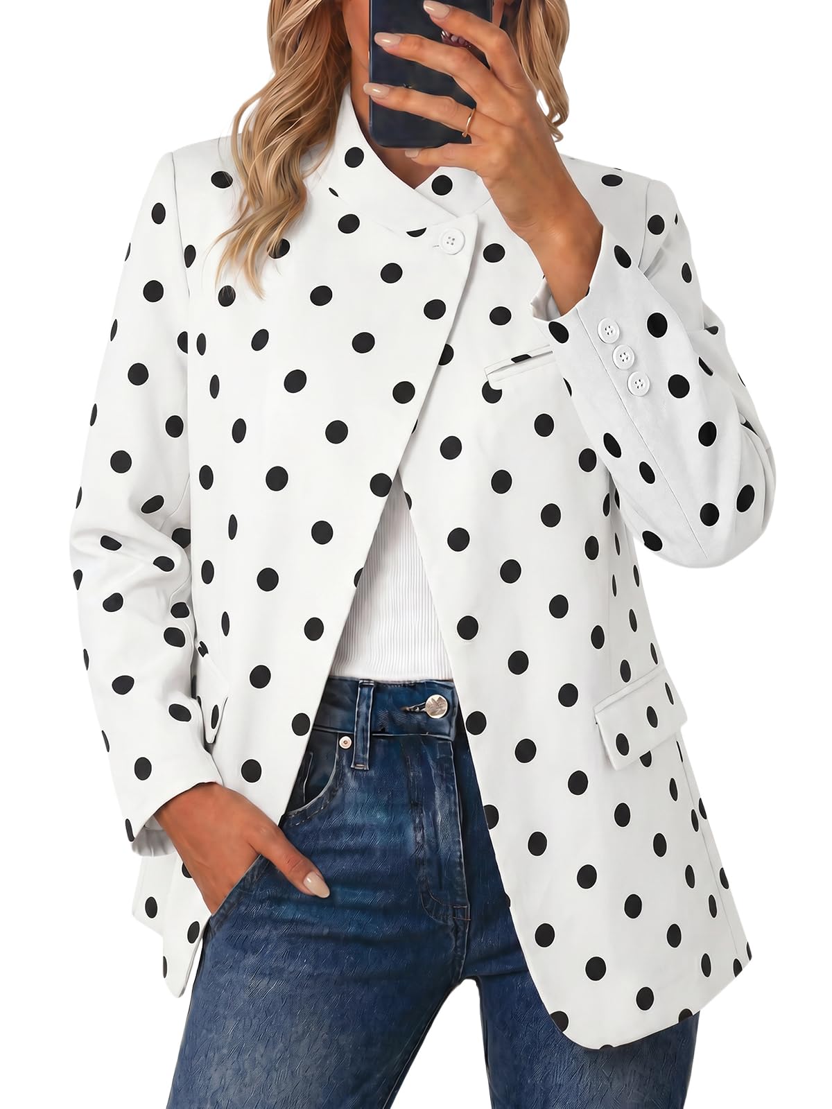Cicy Bell Women Polka Dot Blazer Business Stand Collar Open Front Jacket