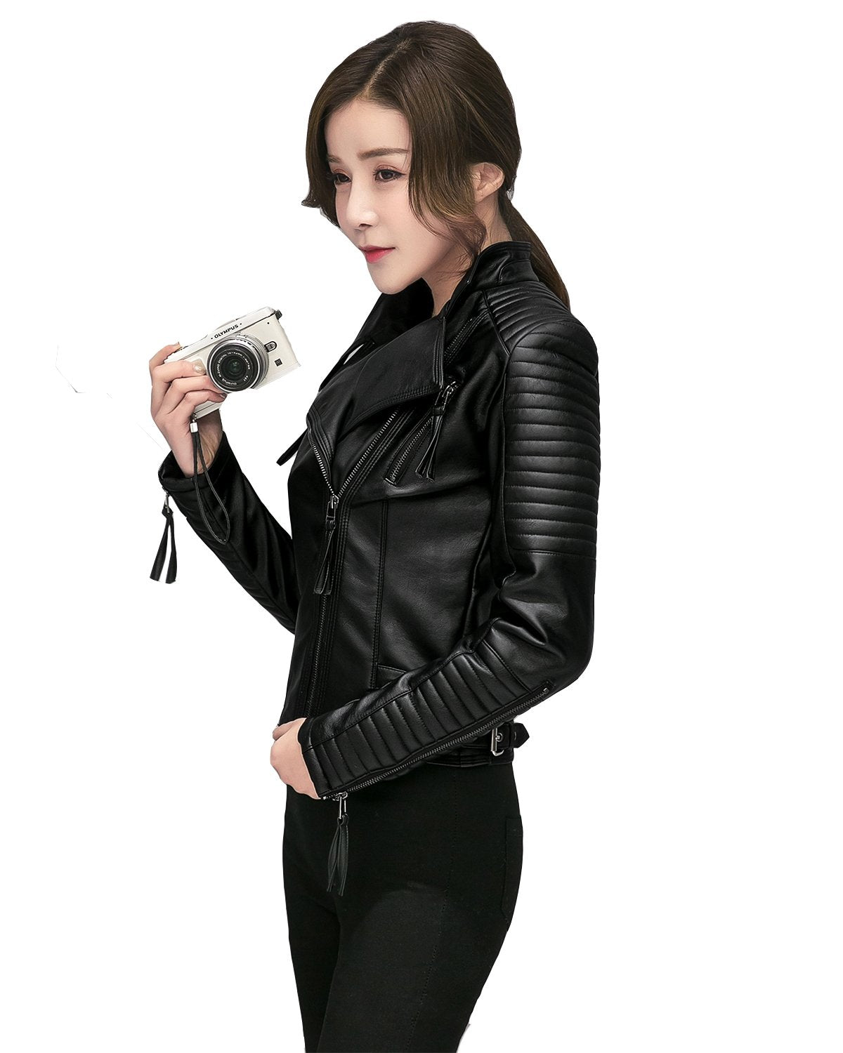LY VAREY LIN Women's Faux Leather Biker Jacket Slim Short Coat Zipper Moto Jackets (M, Black)