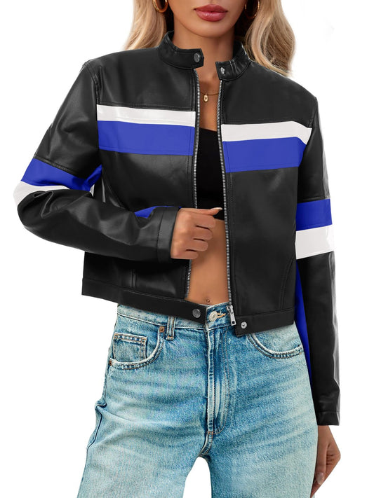 Tankaneo Womens Cropped Moto Biker Jackets Faux Leather Bomber Jacket Color Block Vintage Racing Coats