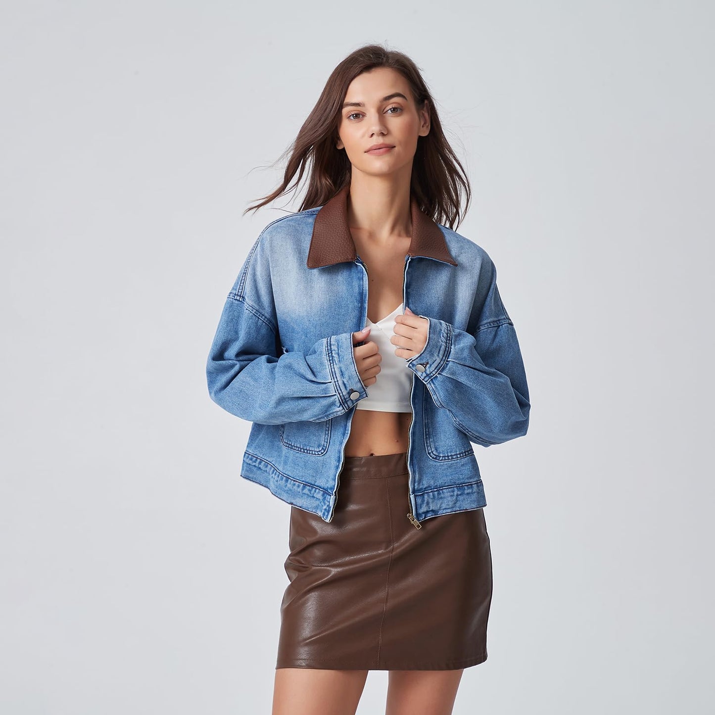 D-Sun Women's Denim Jackets Fake Leather Collar Long Sleeve Zipper Cropped Jean Jacket Denim Coat With Pockets