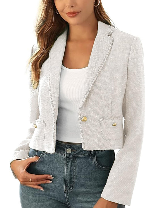 M.Infisavo Women’s Cropped Tweed Jacket Blazer with Pockets Long Sleeve Open Front Notch Lapel Cardigan Elegant for Casual White