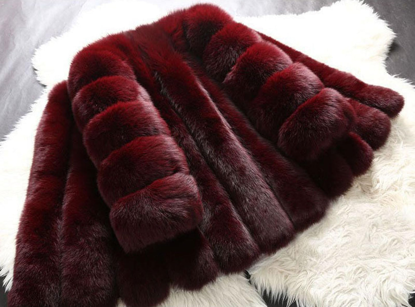 loveimgs Women Elegant Fuzzy Long Faux Fur Coat Puffer Jacket Collarless Parka Winter Zip Up Teddy Coat Overcoat (Medium, Burgundy)