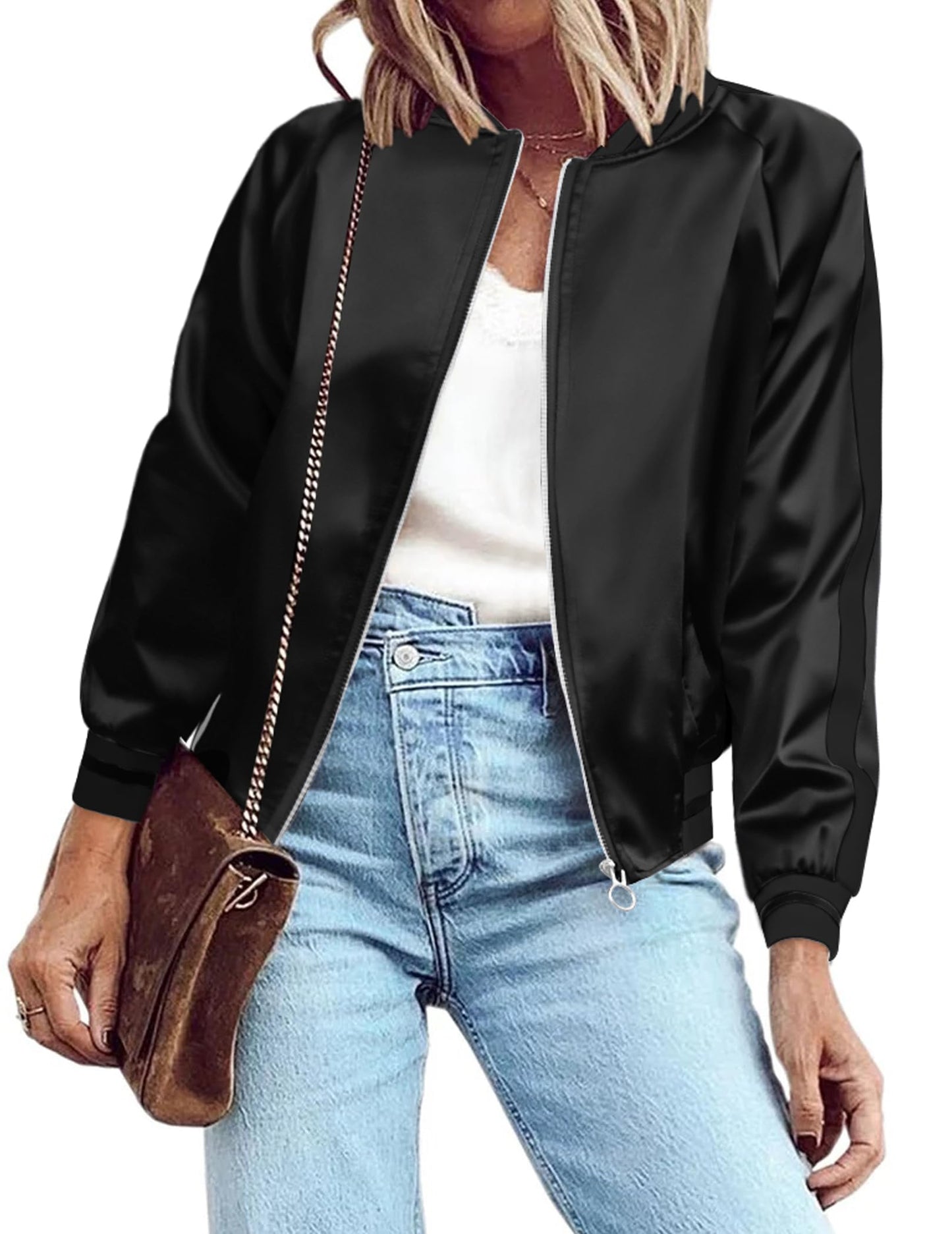 Zeagoo Jackets for Women Classic Solid Striped Biker Jacket Zip Up Fashion Bomber Jacket Coat Pure Black X-Large
