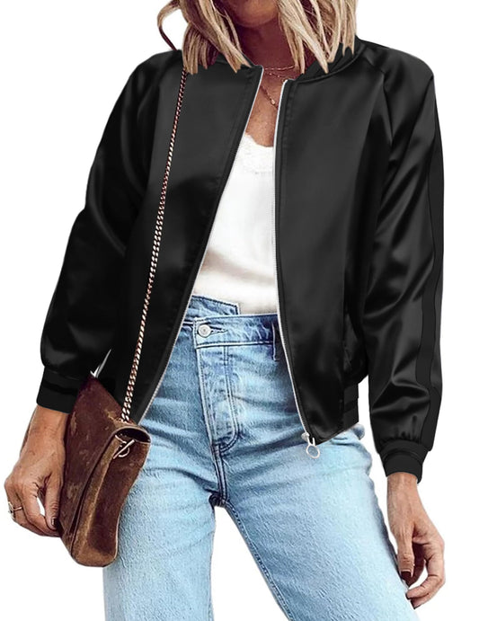 Zeagoo Jackets for Women Classic Solid Striped Biker Jacket Zip Up Fashion Bomber Jacket Coat Pure Black X-Large