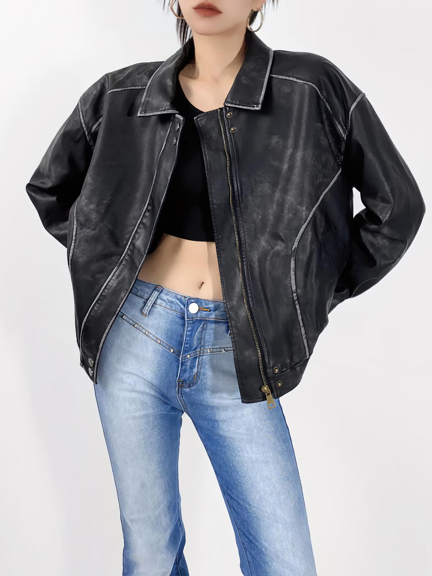 chouyatou Women's Fall Distressed Faux Leather Bomber Jacket Motorcycle Oversized Leather Jacket (Medium, Black)