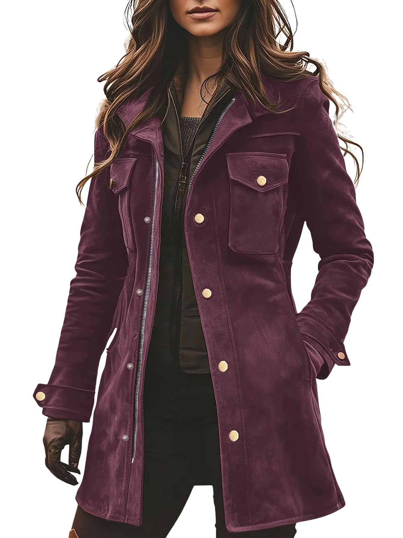 chouyatou Women's Retro Faux Suede Leather Jacket Zip Up Military Utility Safari Jacket Midi Long Shacket (Large, Purple)