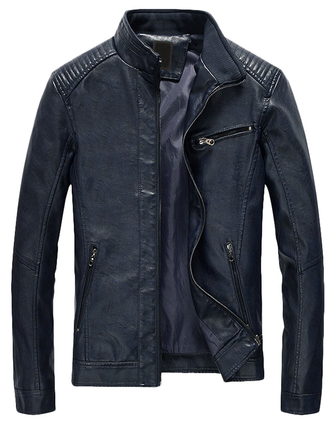 Youhan Men's Casual Zip Up Slim Bomber Faux Leather Jacket (Small, Dark Blue)