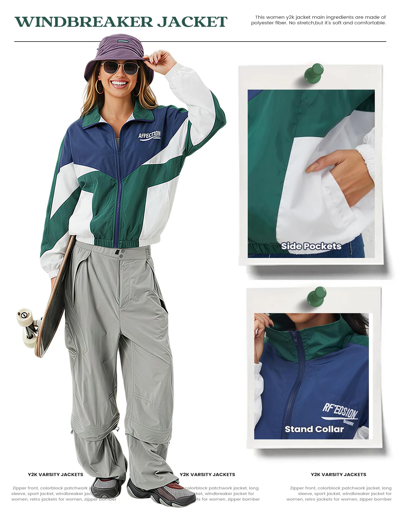 Wyeysyt Women Windbreaker Jacket Y2k Varsity Oversized Jacket(Green-S)