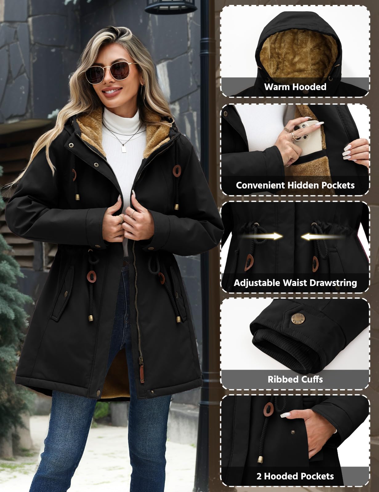 Yusongirl Parka Jacket Women Waterproof Fleece Lined Hooded Warm Winter Coat with Pockets for Daily Commute & Outdoor (Black,Small)