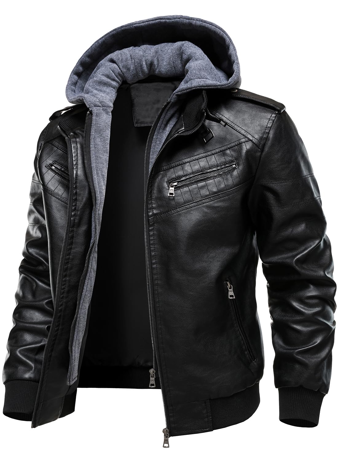 HOOD CREW Men's Leather Jackets Faux Bomber Jacket for Men Motorcycle Zip-Up Biker Coat With Hoodie Black XL