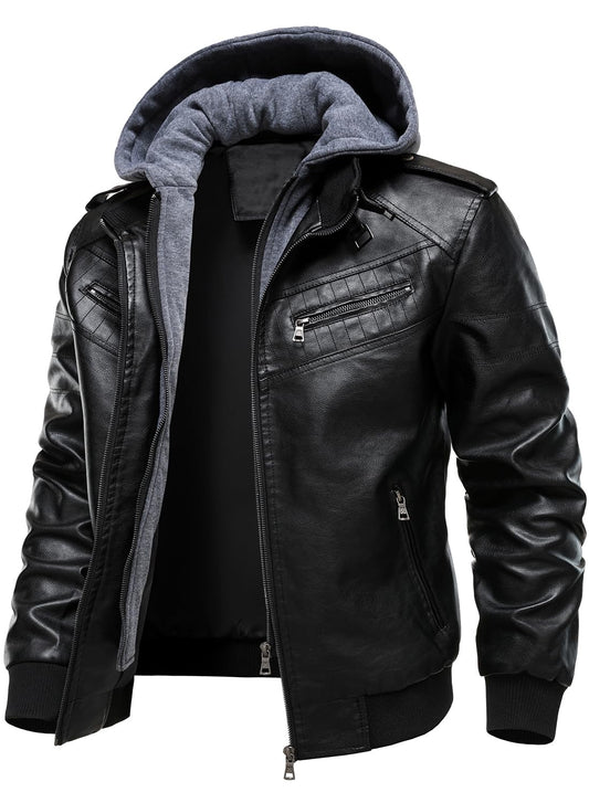 HOOD CREW Men's Leather Jackets Faux Bomber Jacket for Men Motorcycle Zip-Up Biker Coat With Hoodie Black L