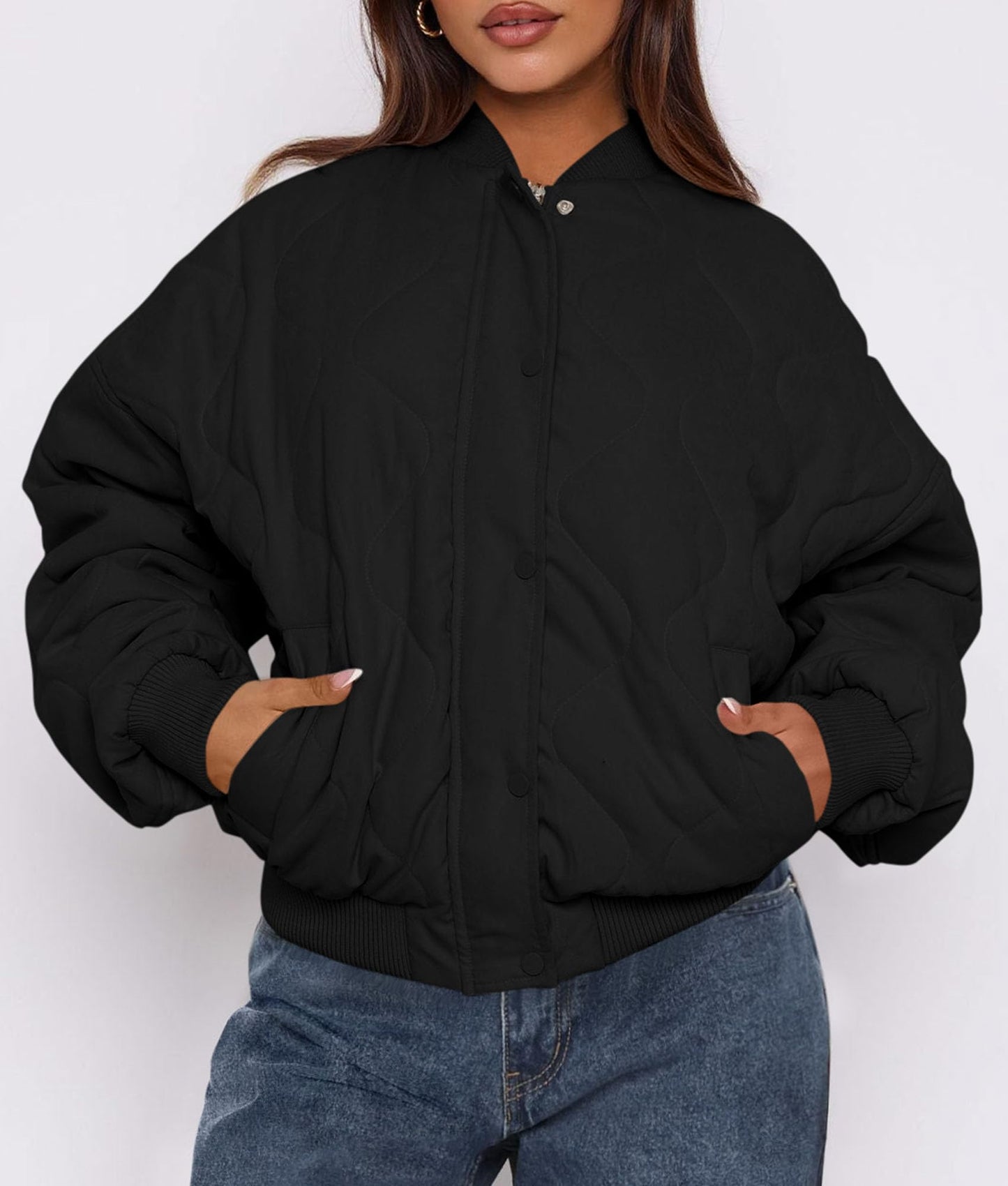 PRETTYGARDEN Women's Quilted Bomber Jacket Fall Fashion 2026 Lightweight Cropped Zip up Outerwear Winter Puffer Coats Pockets (Black,X-Large)