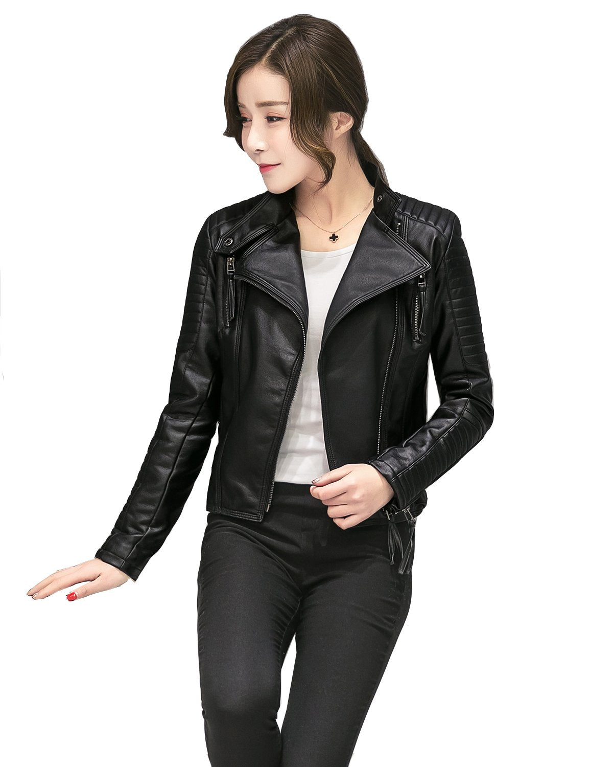 LY VAREY LIN Women's Faux Leather Biker Jacket Slim Short Coat Zipper Moto Jackets (M, Black)