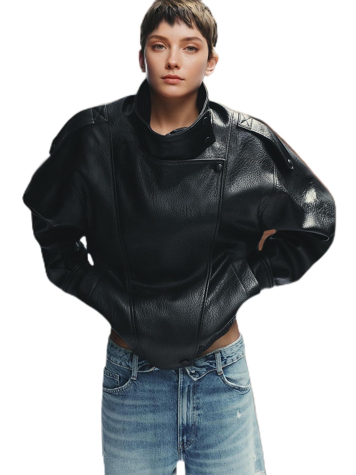RANTAR Leather Jacket Women Black Motorcycle Biker Jacket Asymmetric Zipper Classic Outerwear Coat for Women(Black,L)
