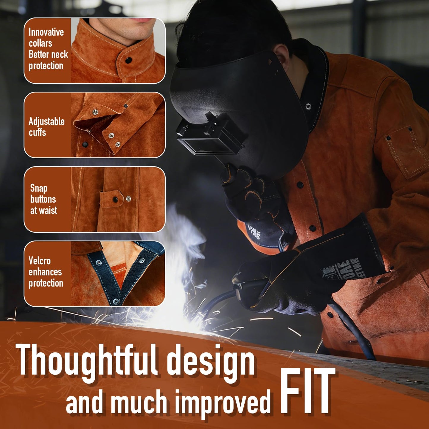 Leather Welding Work Jacket by QeeLink - Flame-Resistant Heavy Duty Split Cowhide Leather (Large)