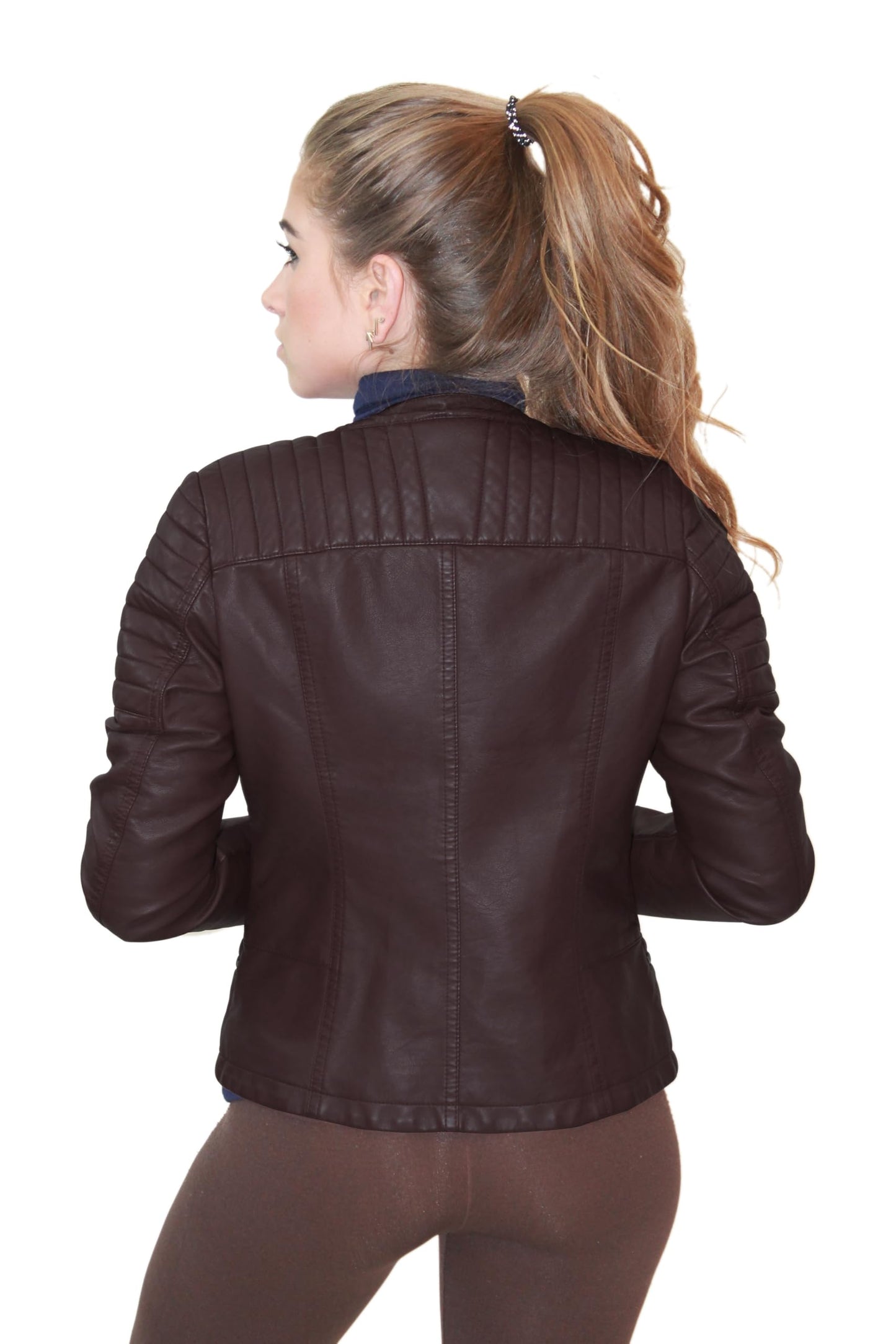 Olivia Miller Womens Faux Leather Zip Up Moto Biker Jacket JK5207S Burgundy Small