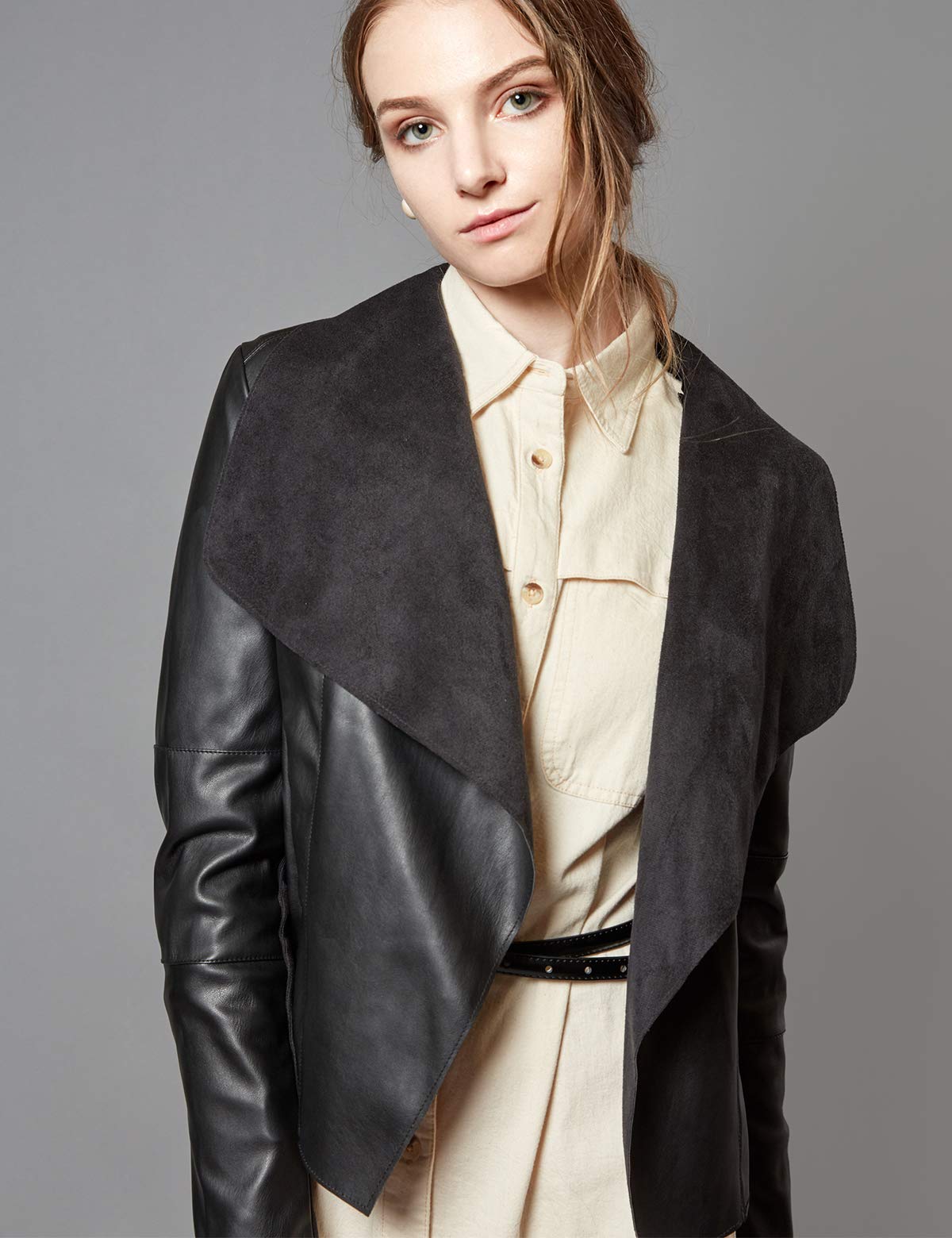 Escalier Women's Faux Leather Jackets Slim Open Front Lapel Blazer Jackets Black Small