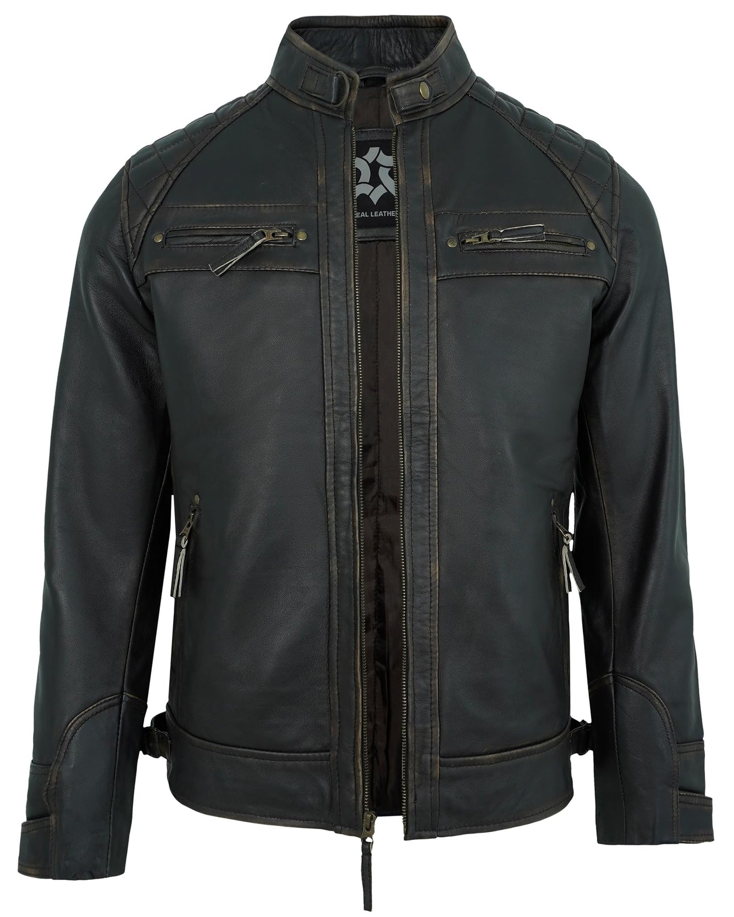 UrbanFocal Brown Leather Jacket Men - Quilted Moto Jacket Men for Bikers | [101000303] Diamond1 Ruboff, M