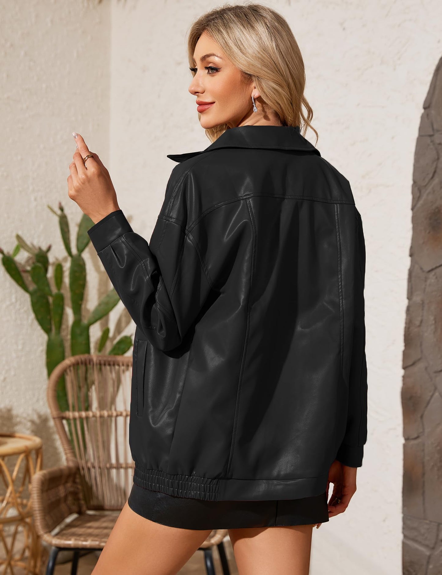ZEXIGLAD Black Leather Jacket Women 2025 Oversized Faux Suede Motorcycle Bomber Jackets Zip Up Fall Winter Coats with Pocket Black S