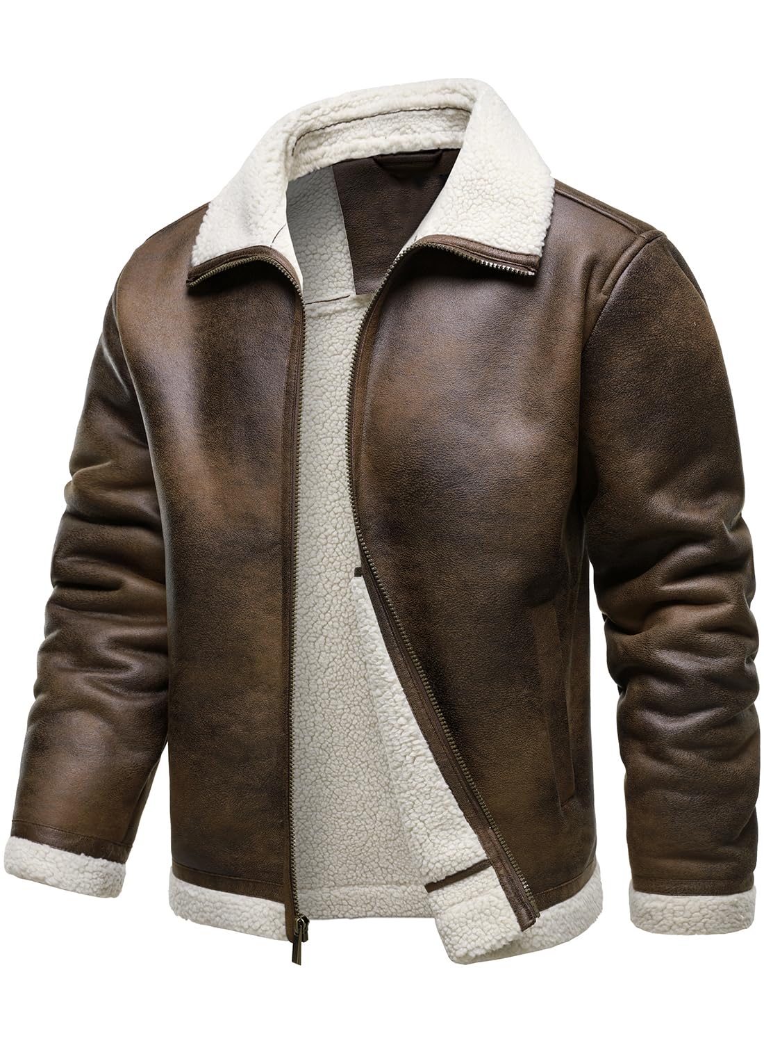HOOD CREW Men’s Vintage Distressed Jacket Winter Warm Faux Shearling Leather Bomber Jackets Motorcycle Biker Coats Brown M