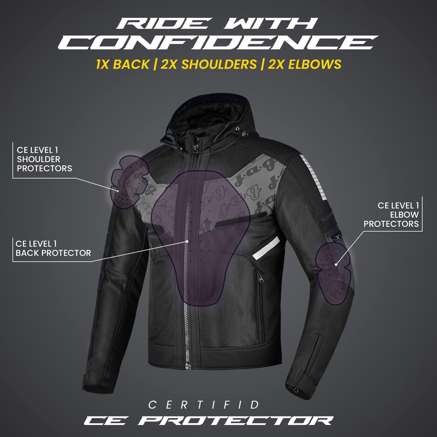 J.A.G. Mesh Motorcycle Jacket - Breathable Summer CE Armored Motorcycle Hoodie for Men, Protective Riding, Biker Jacket