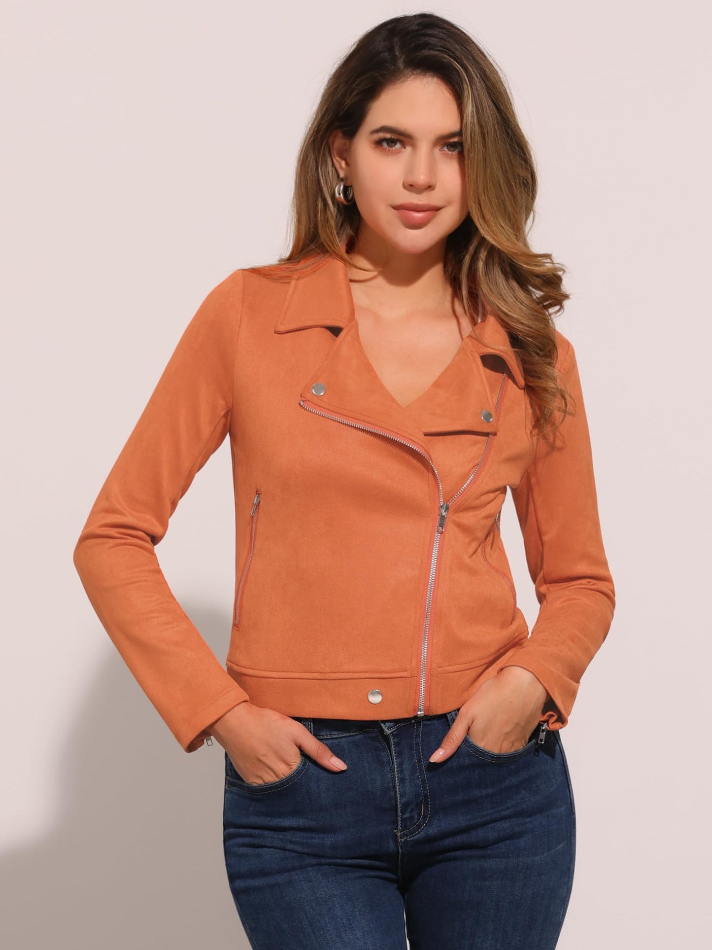 Allegra K Women Short Soft Zip Up Faux Suede Biker Moto Jacket Small Orange