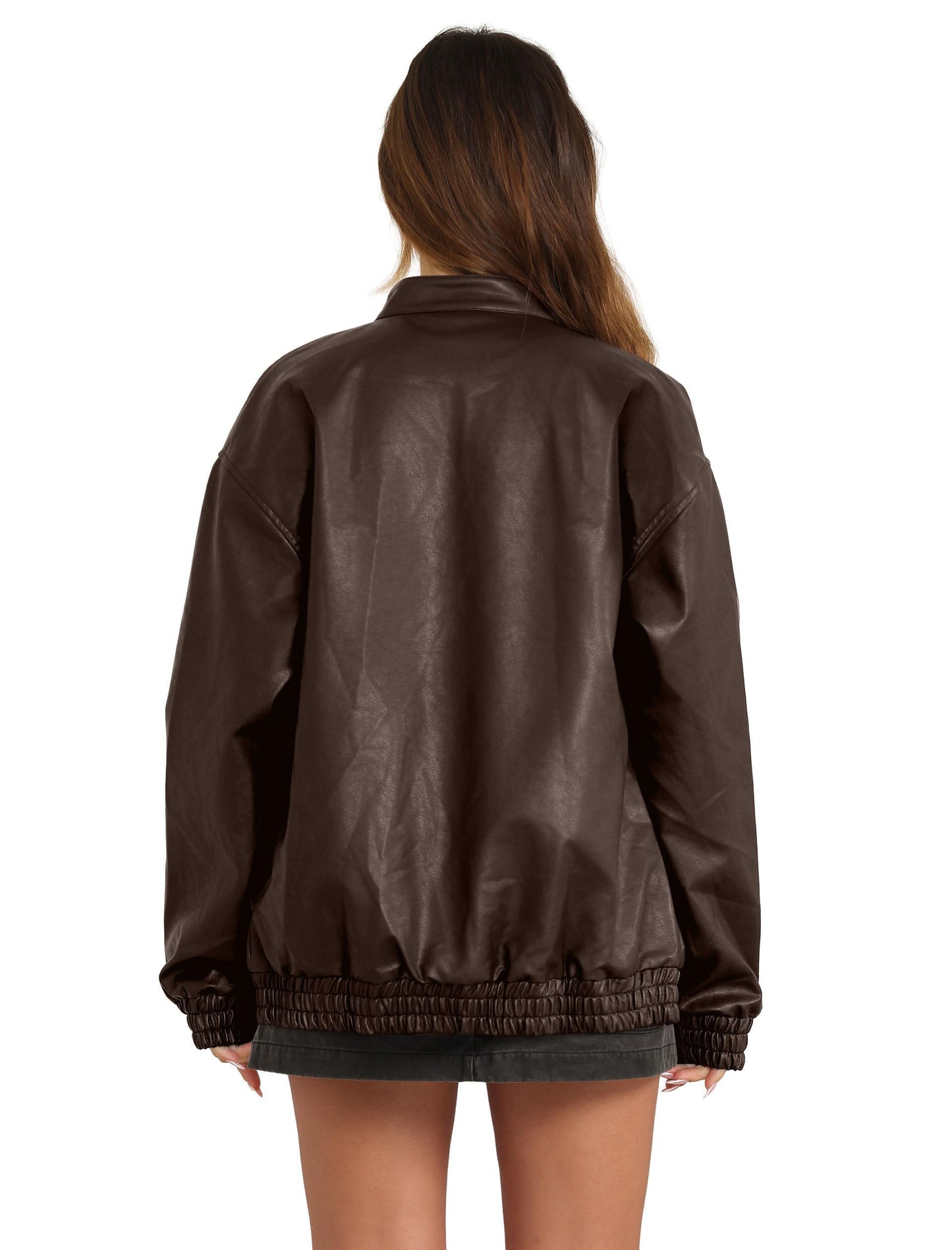Sampeel Leather Jacket Women Faux Oversized Motorcycle Bomber Coats 2025 Fall Fashion Outfits Winter Clothes Trendy Cute Dark Brown M