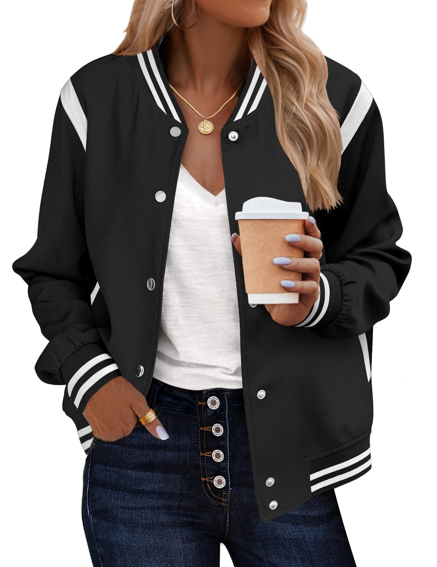 Zeagoo Women's Bomber Jacket Fall Lightweight Button Up Varsity Jacket Casual Striped Work School Outerwear with Pockets