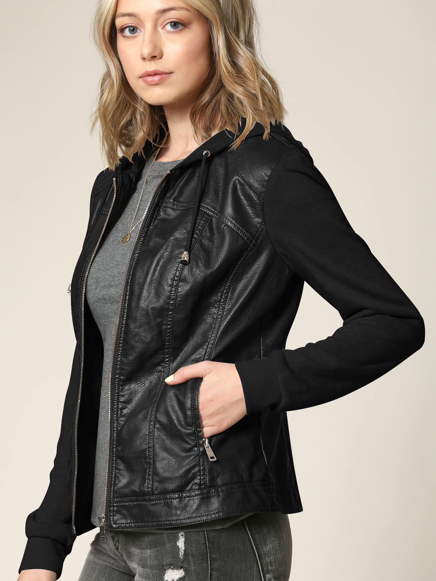 Made By Johnny MBJ WJC1347 Women’s Faux Leather Moto Jacket with Fleece Sleeves & Hoodie XS Black_Black