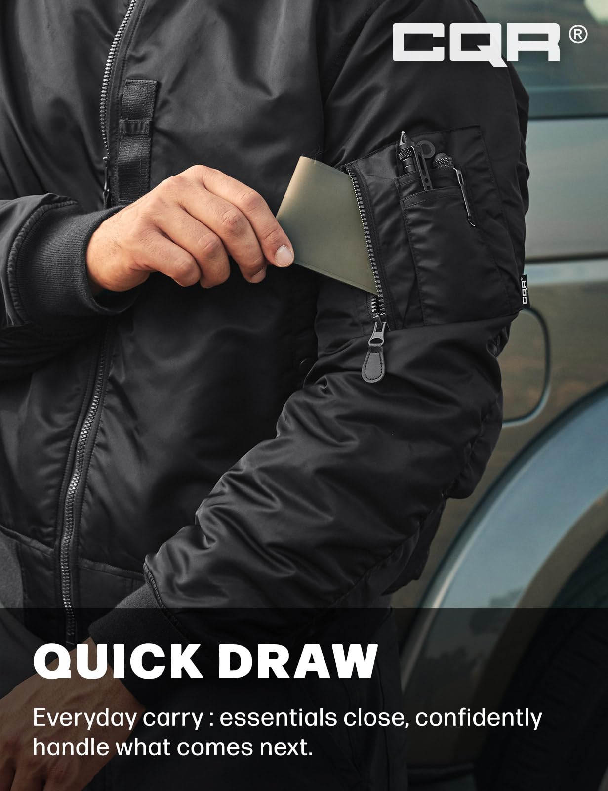 CQR Men's Casual Bomber Jacket, Outdoor Fall/Winter Zip-Up Windbreaker, Water Resistant Padded MA-1 Flight Jacket with Pocket, Watcher Black, Medium