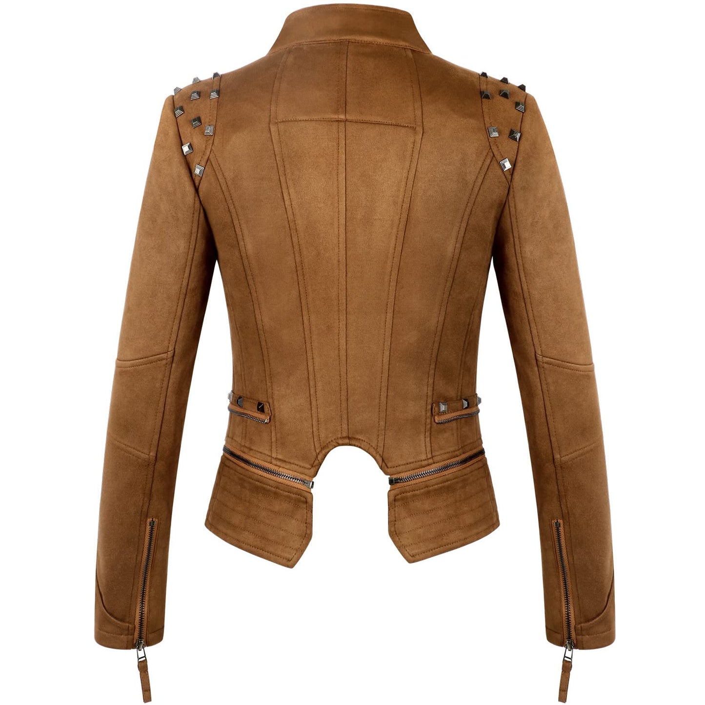 chouyatou Women's Fashion Studded Perfectly Shaping Faux Leather Biker Jacket (Medium, Suede Brown)