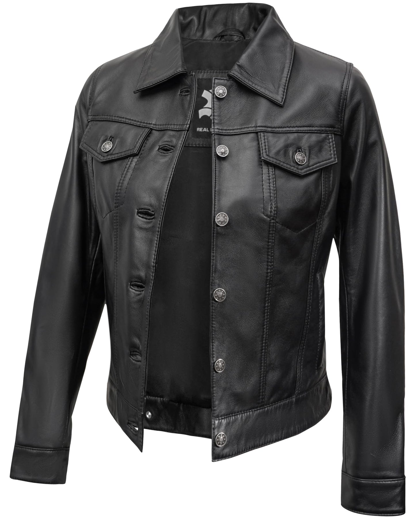 UrbanFocal Stylish Black Leather Jacket Women - Real Lambskin Button Down Women's Leather Jackets | [101007206] F.Trucker Black, 2XL