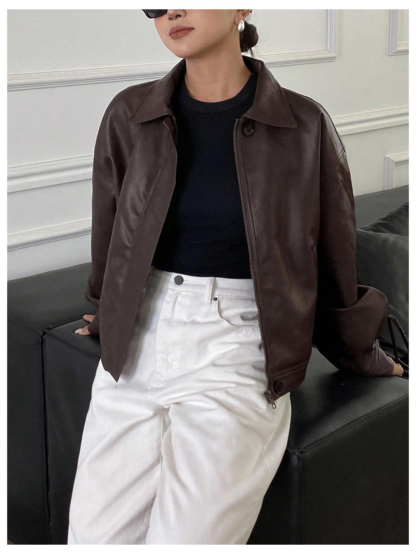 Milumia Women's Y2k Faux Leather Zip Up Jacket Lapel Collar Long Sleeve Motorcycle Jackets with Pockets Brown Large