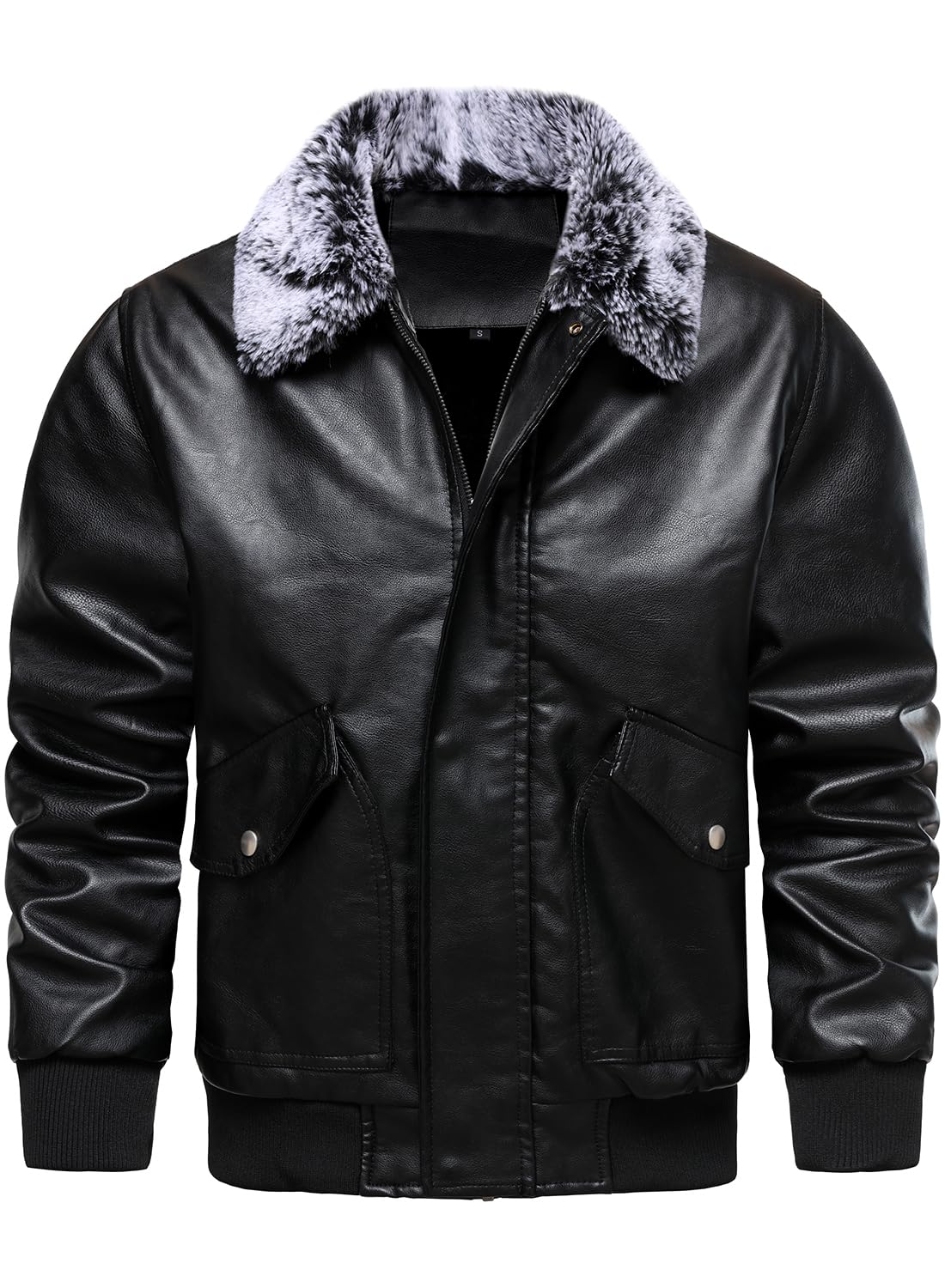 HOOD CREW Mens Faux Leather Flight Bomber Jacket with Fur Collar Winter Warm Fleece Lined Jackets Black L
