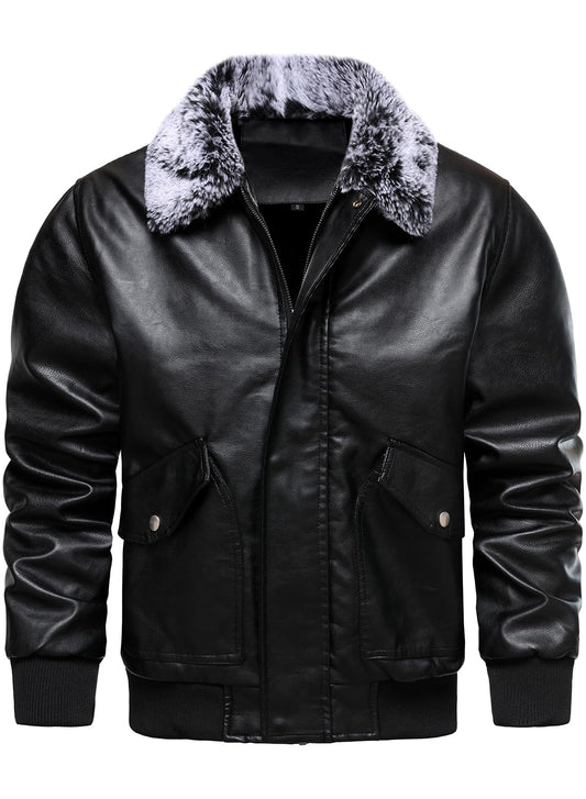 HOOD CREW Mens Faux Leather Flight Bomber Jacket with Fur Collar Winter Warm Fleece Lined Jackets Black L