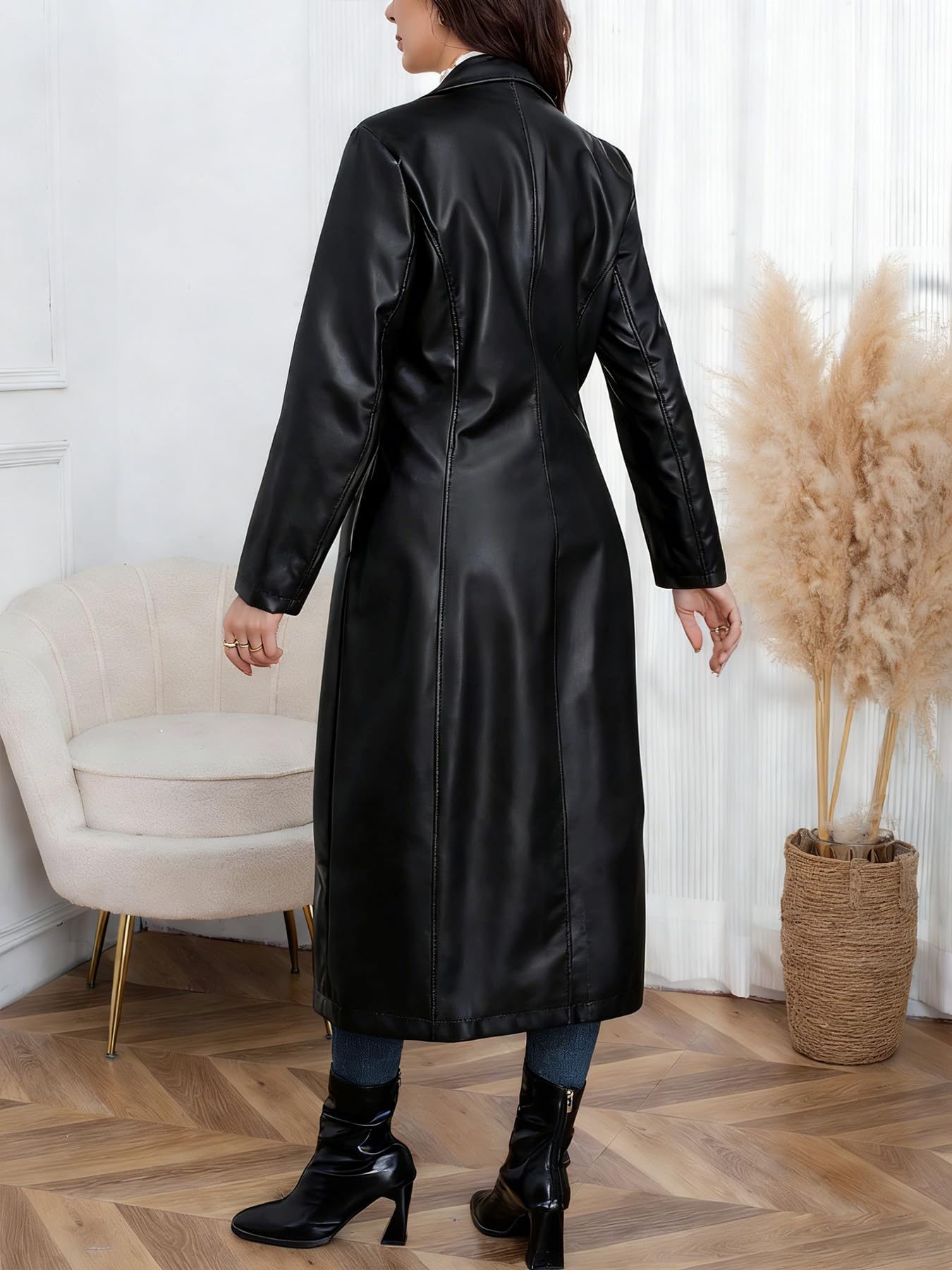 utcoco Womens Faux Leather Trench Coat Classic Lapel Button Down Maxi Jacket 2025 Stylish Overcoat (X-Large, Black)