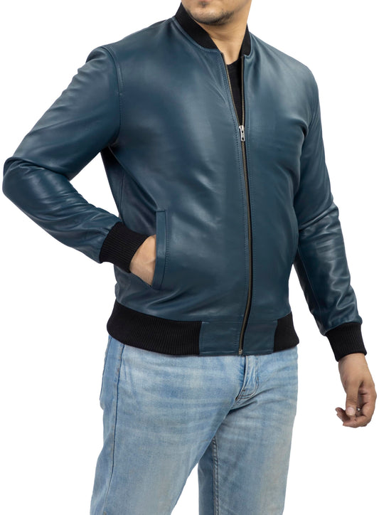 Jild Varsity Style Leather Bomber Jacket Men - Genuine Lambskin Men's Casual Fashion Classic MA-1 Leather Jacket (Rib-Blue-M)