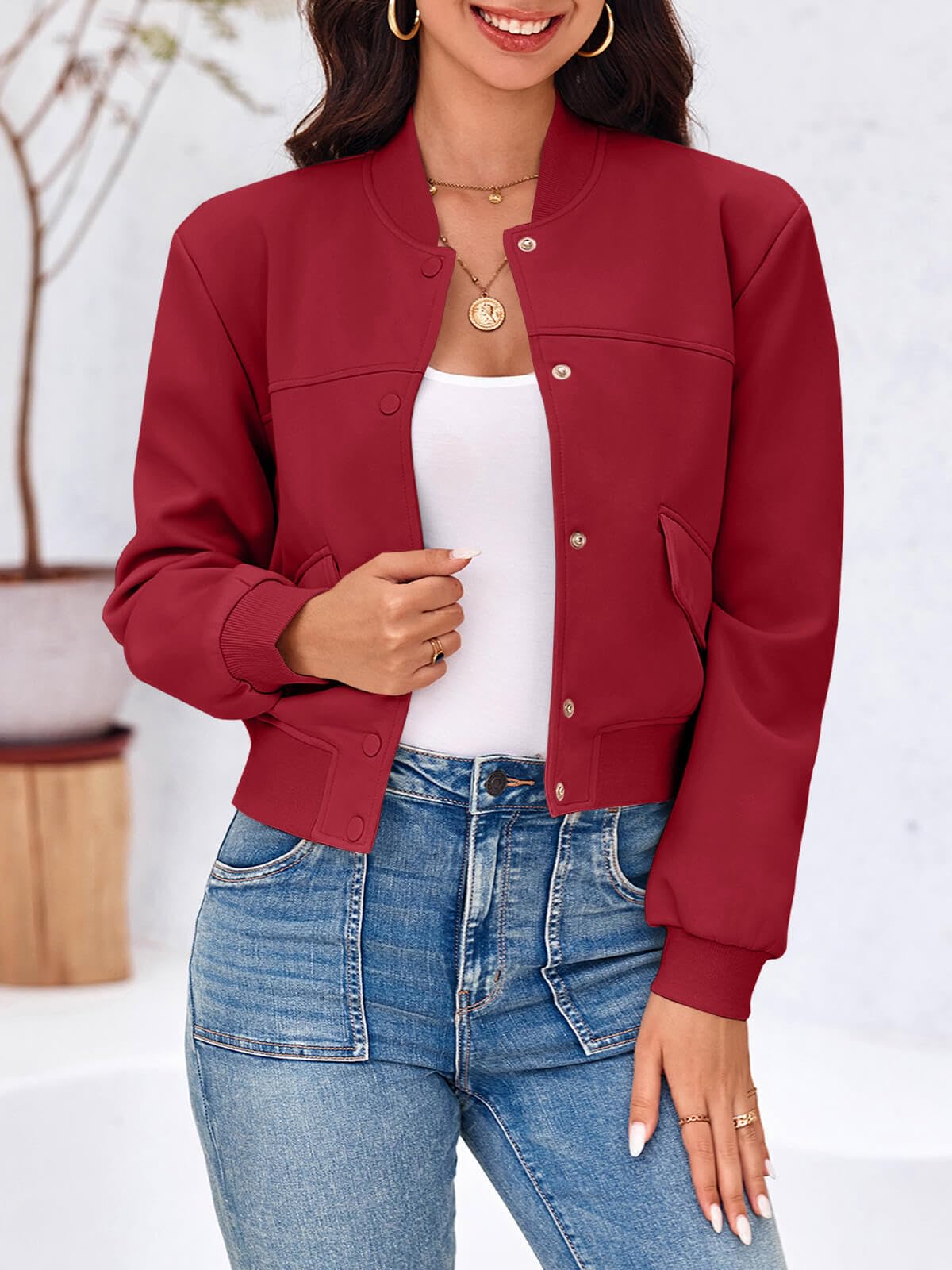 Tankaneo Womens Cropped Bomber Jackets Casual Button Down Long Sleeve Stand Collar Varsity Shacket Coats